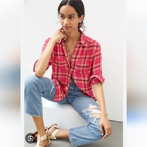 Anthropologie Pilcro Hadley Relaxed Pink Plaid Button Up Small - Picture 16 of 16